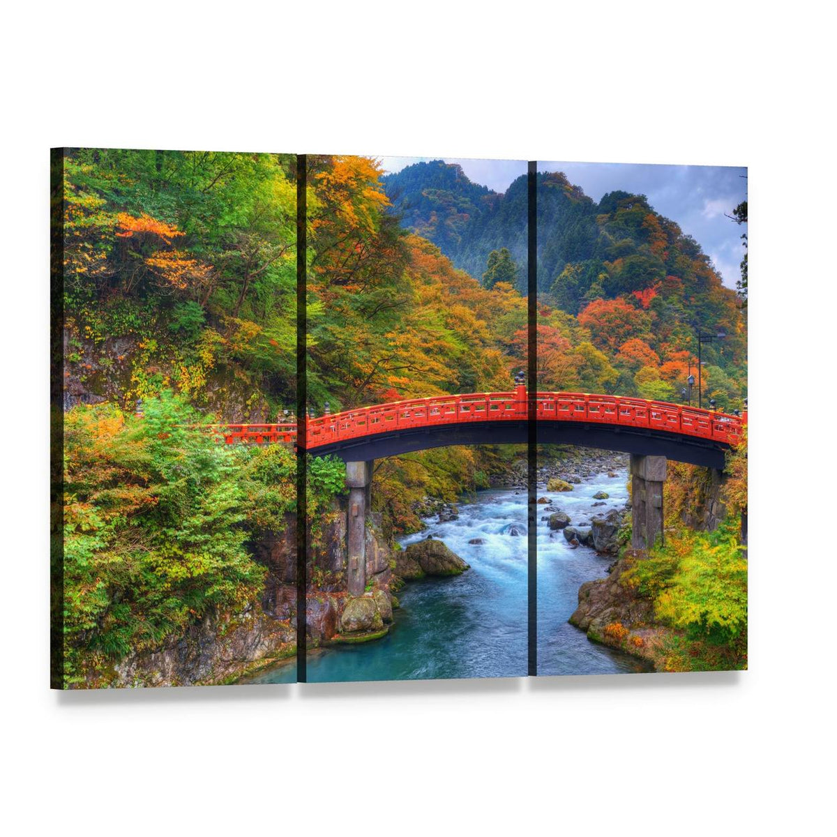 Shinkyo Bridge in Nikko Canvas Wall Art, 3 panel 3 Horizontal layout gallery wrapped canvas set, angled product view