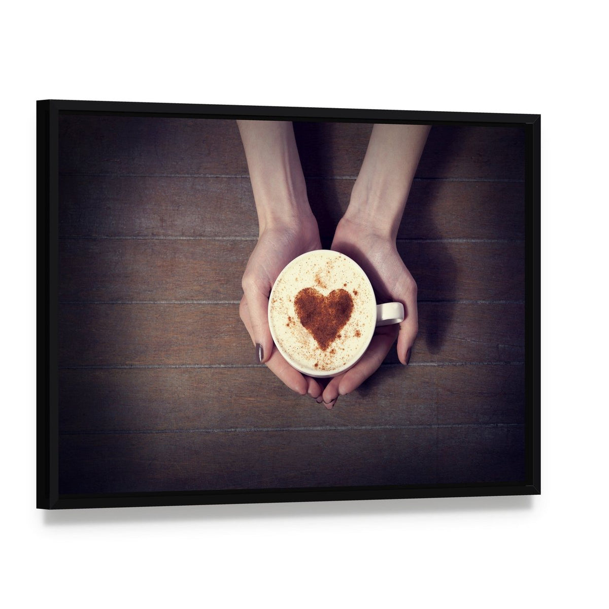 Women Holding Coffee Cup Canvas Wall Art, framed canvas in a black floater frame, angled product view