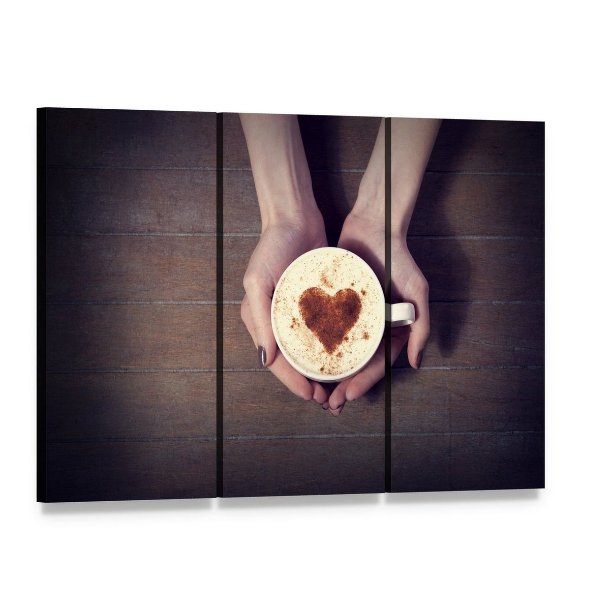Women Holding Coffee Cup Canvas Wall Art, 3 panel 3 Horizontal layout gallery wrapped canvas set, angled product view