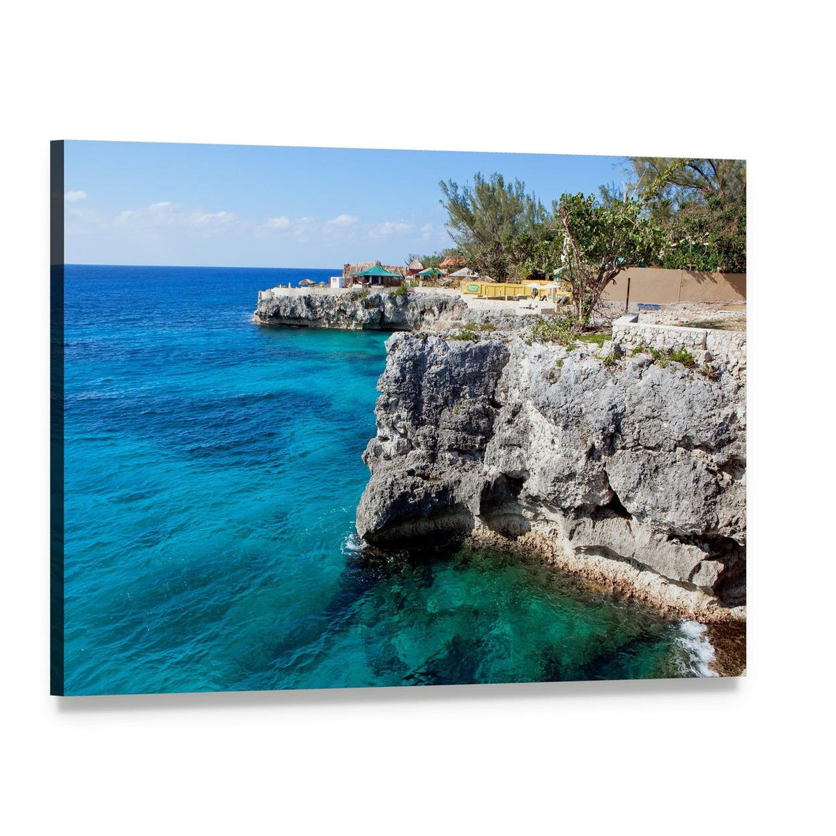Turquoise Ocean Cliffs with Tropical Vegetation Canvas Wall Art, single panel gallery wrapped canvas, angled product view