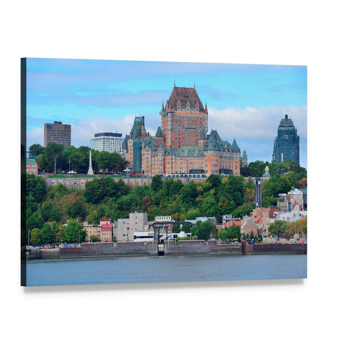Quebec City Skyline Over River Canvas Wall Art, single panel gallery wrapped canvas, angled product view