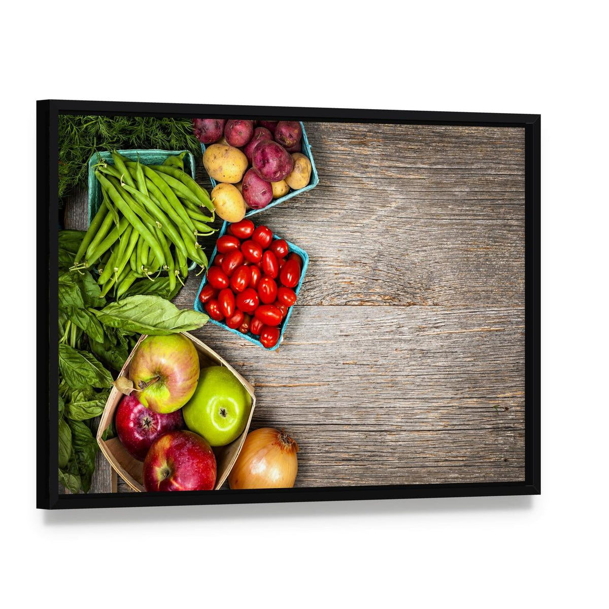 Fruits and Vegetables Canvas Wall Art, framed canvas in a black floater frame, angled product view