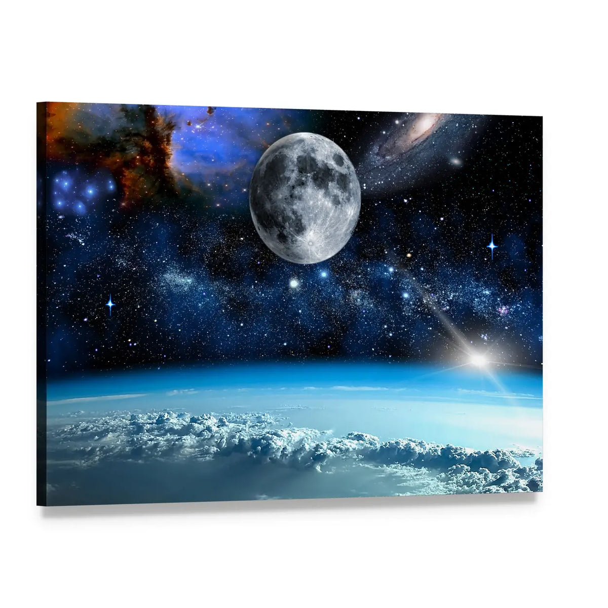 Earth Horizon with Moon and Nebula Canvas Wall Art, single panel gallery wrapped canvas, angled product view