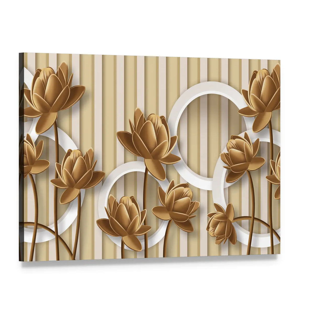 Golden Lotus with Interlocking White Rings Canvas Wall Art, single panel gallery wrapped canvas, angled product view