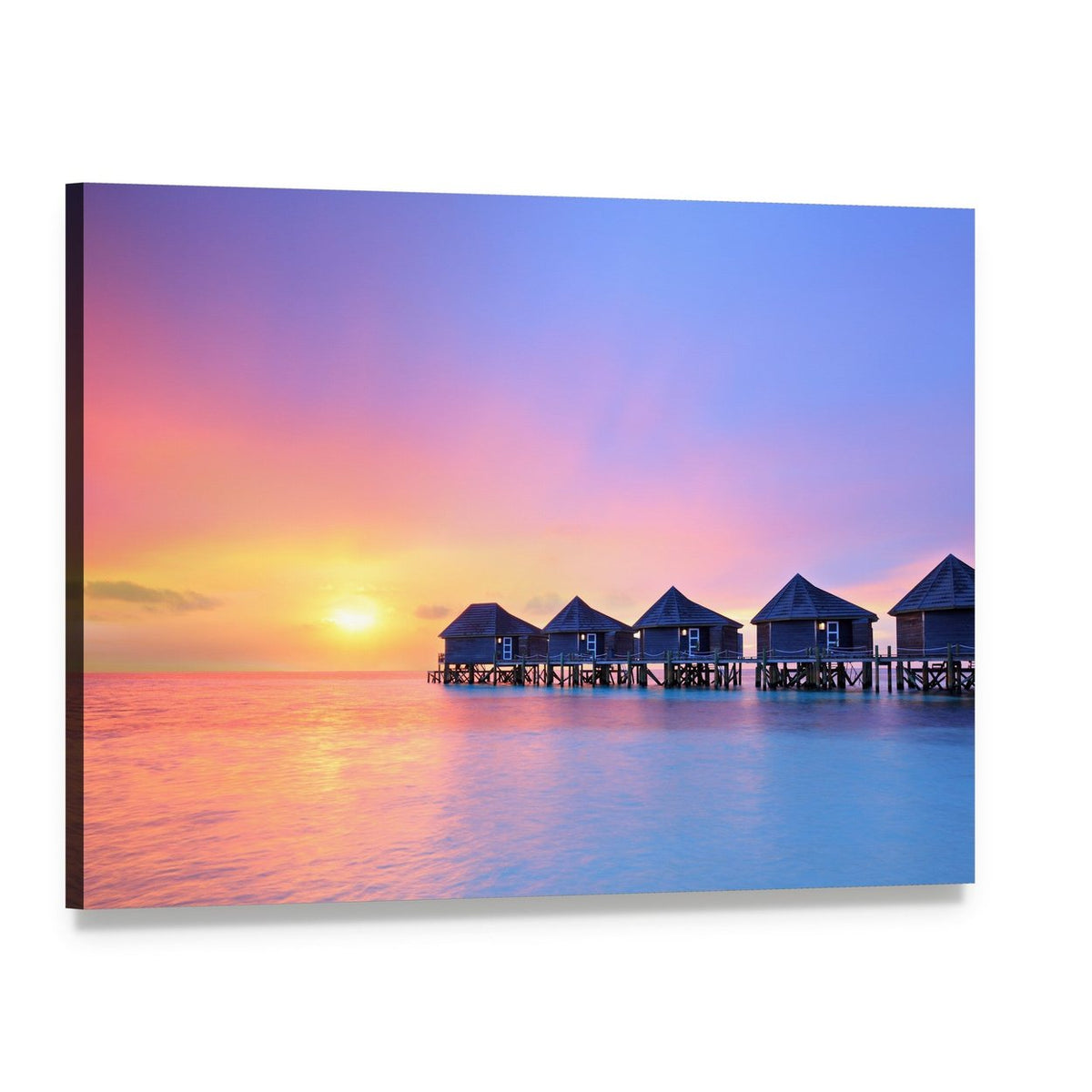 Maldives Overwater Bungalows at Sunset Canvas Wall Art, single panel gallery wrapped canvas, angled product view