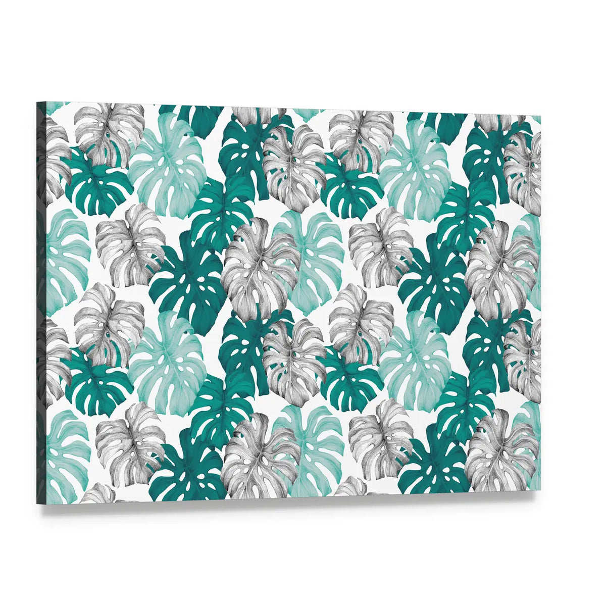 Duotone Monstera Leaves Pattern Canvas Wall Art, single panel gallery wrapped canvas, angled product view