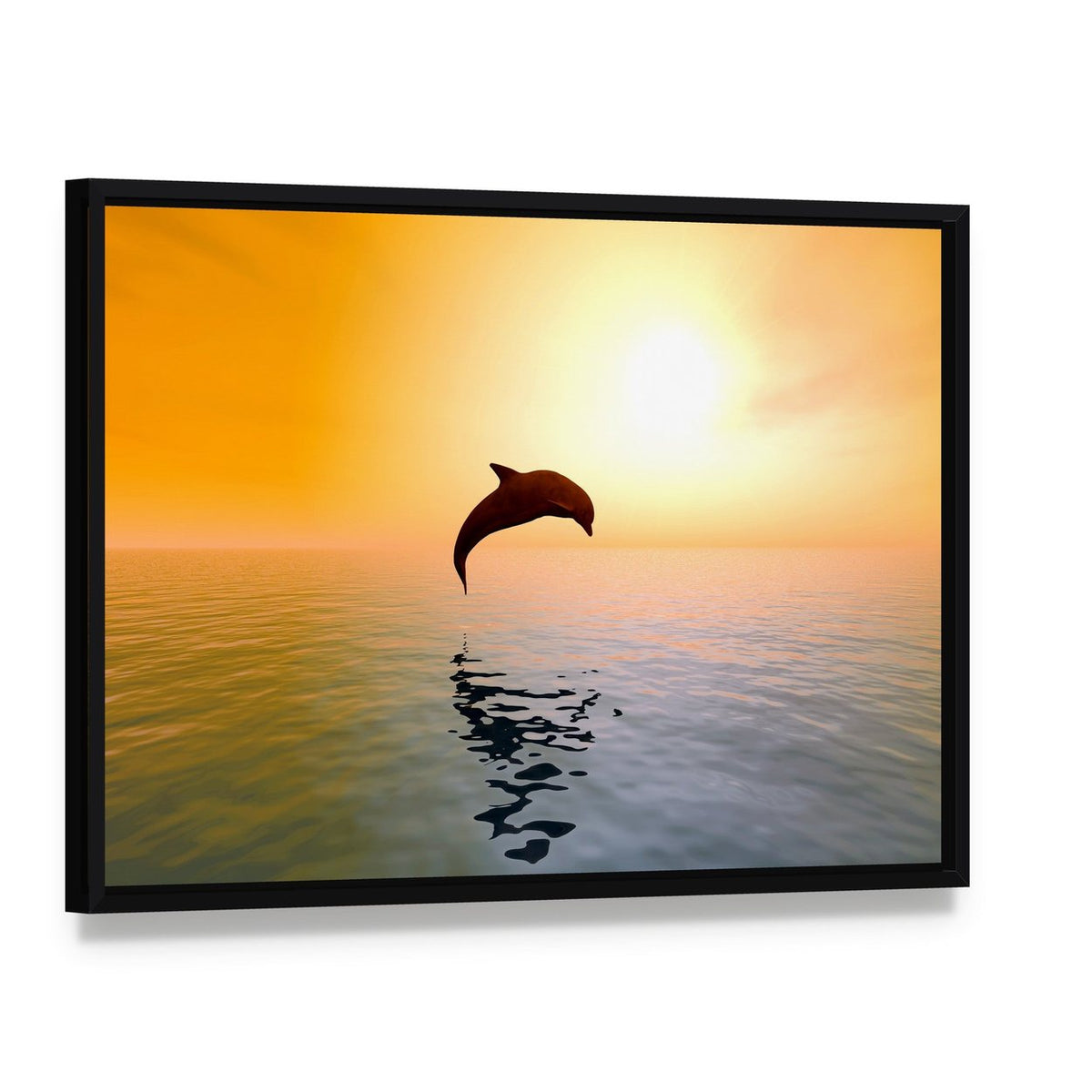 Jumping Dolphin Canvas Wall Art, framed canvas in a black floater frame, angled product view