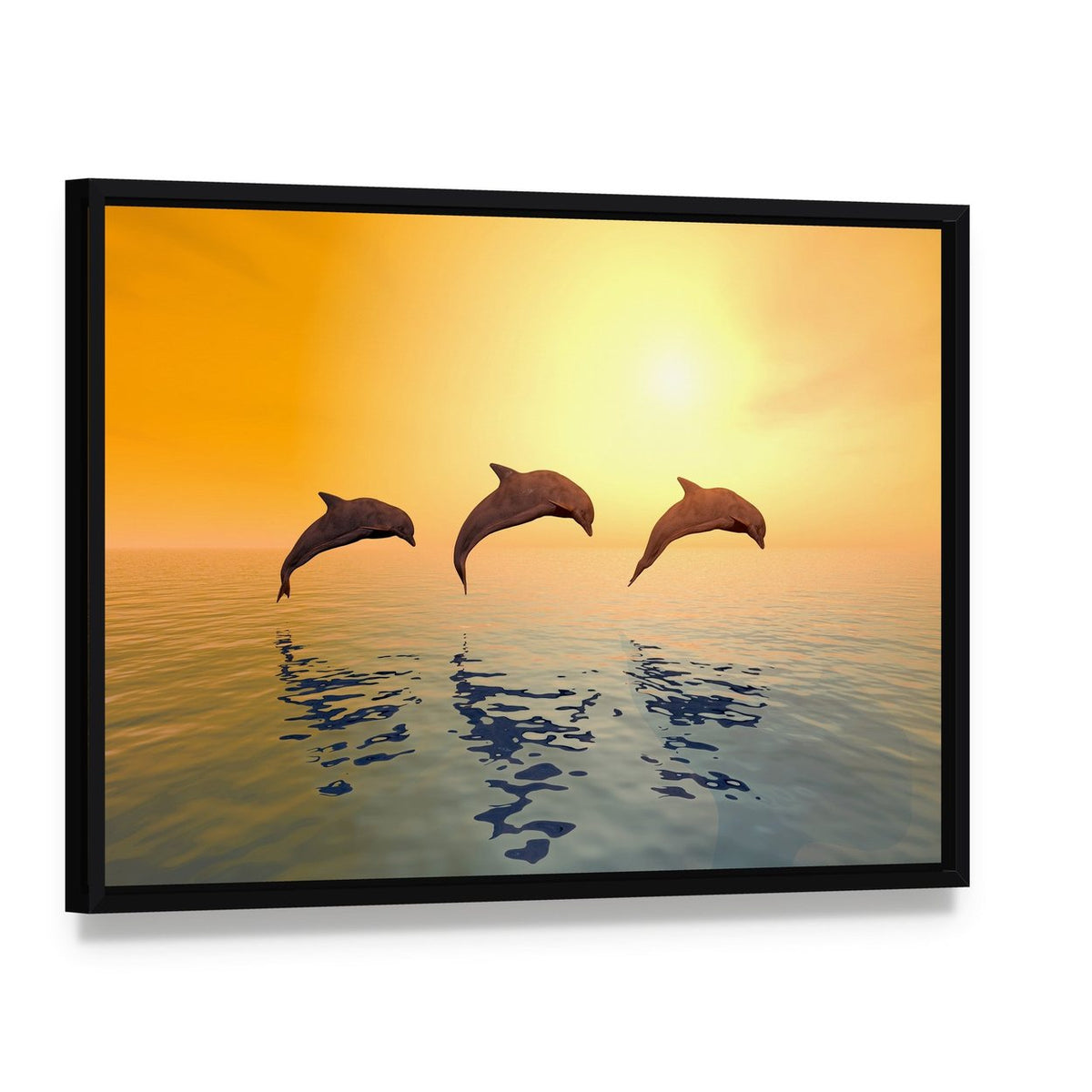 Jumping Dolphins Canvas Wall Art, framed canvas in a black floater frame, angled product view