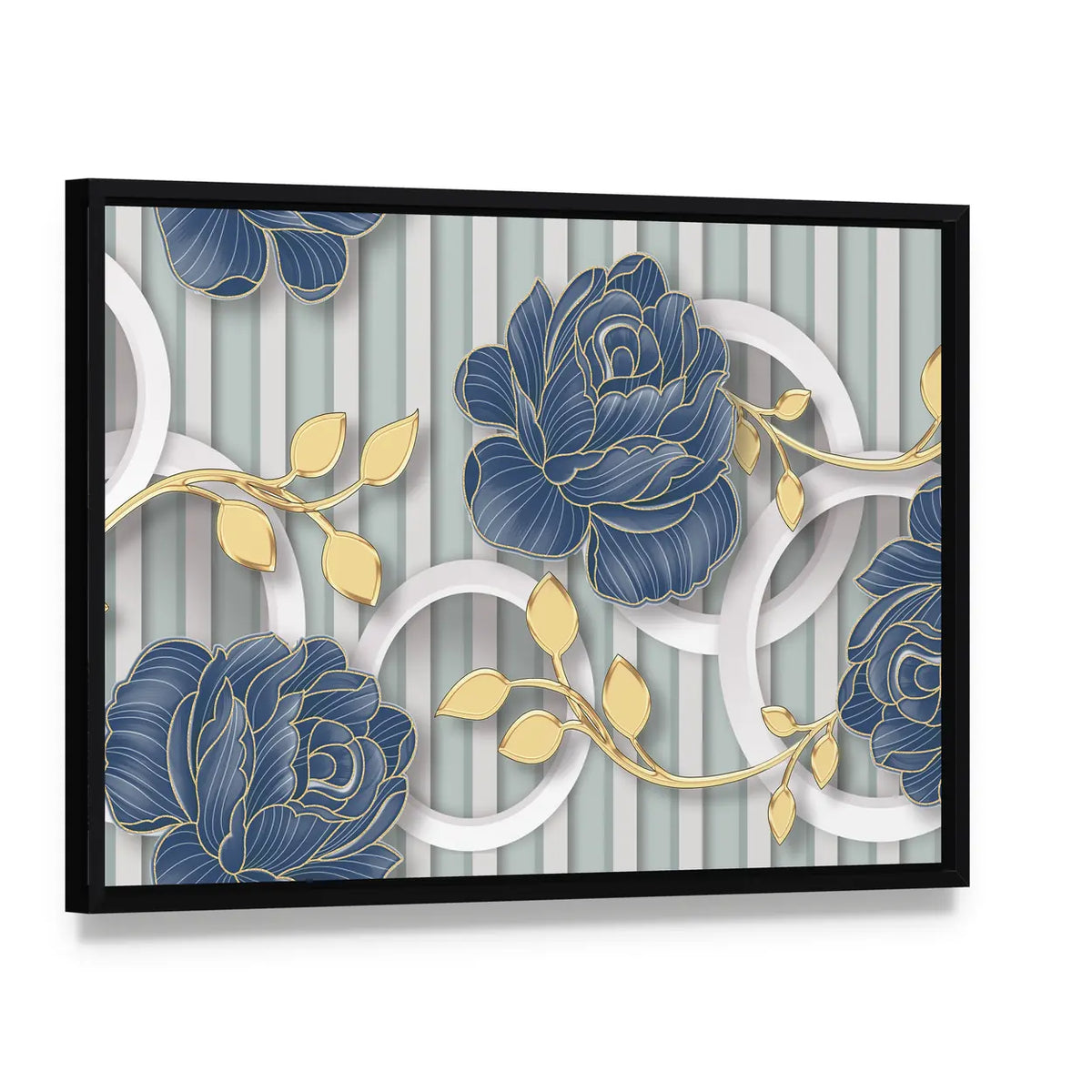 Abstract Blue Roses with Gold Leaves and Rings Canvas Wall Art, framed canvas in a black floater frame, angled product view
