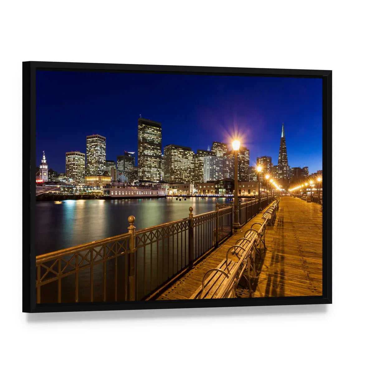 San Francisco Pier 7 Night View Canvas Wall Art, framed canvas in a black floater frame, angled product view