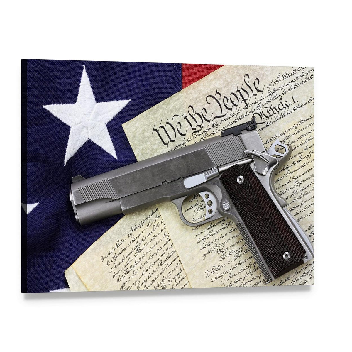 Gun with American Flag Canvas Wall Art, single panel gallery wrapped canvas, angled product view