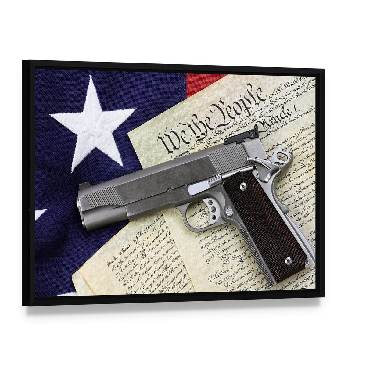 Gun with American Flag Canvas Wall Art, framed canvas in a black floater frame, angled product view