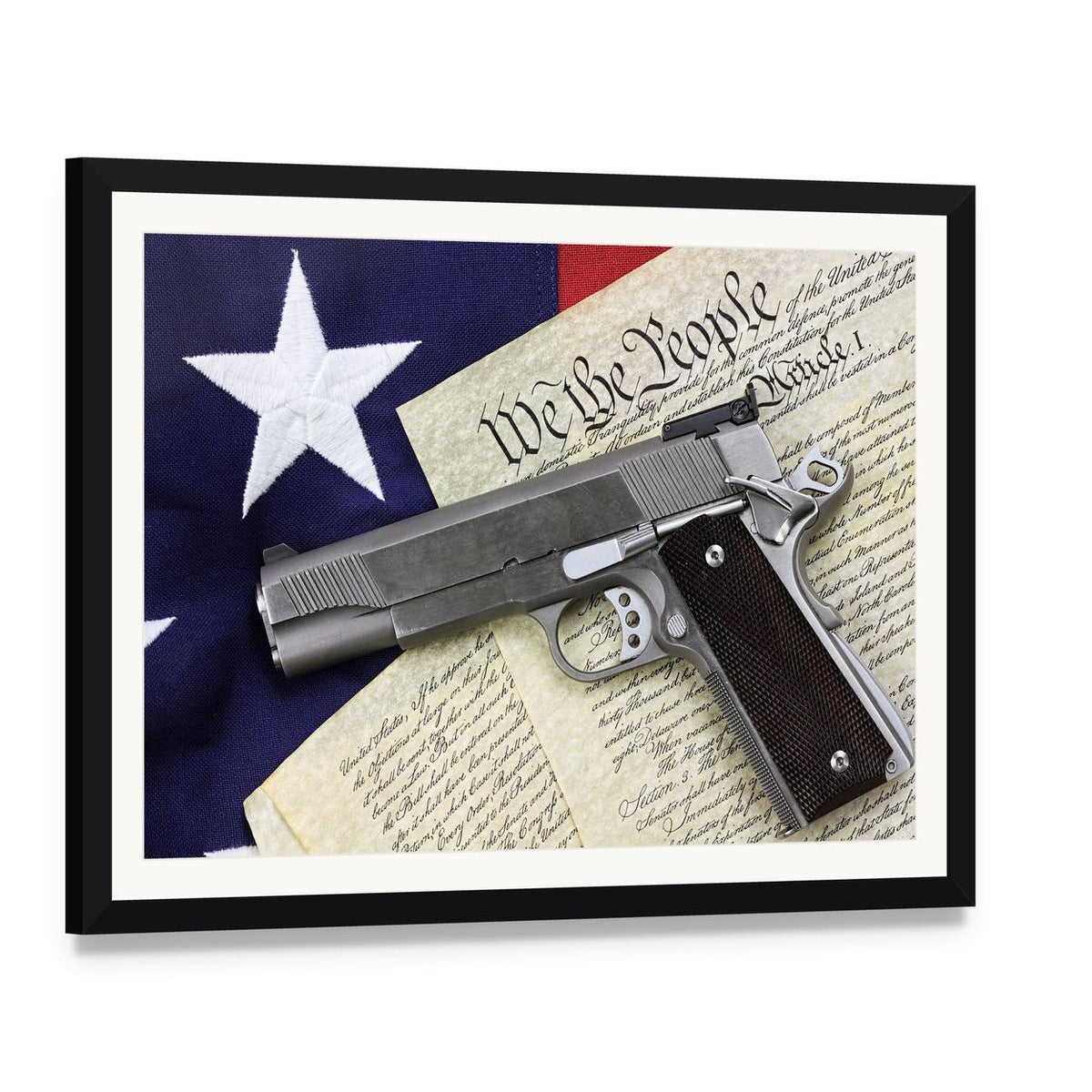 Gun with American Flag Canvas Wall Art, framed print with white mat and black frame, angled product view