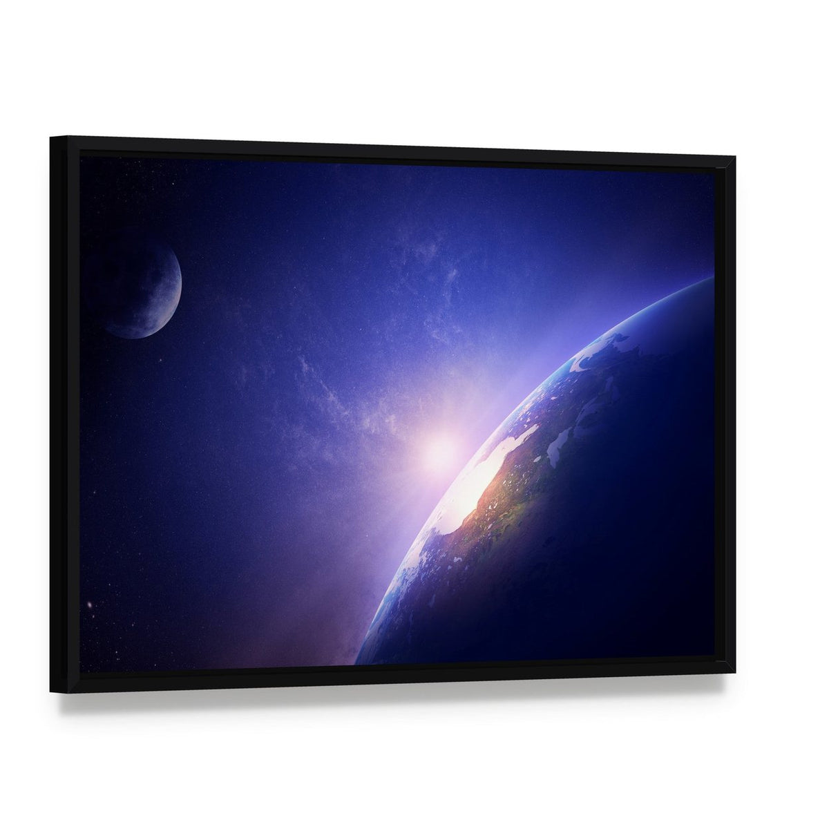 Morning on Planet Earth Canvas Wall Art, framed canvas in a black floater frame, angled product view