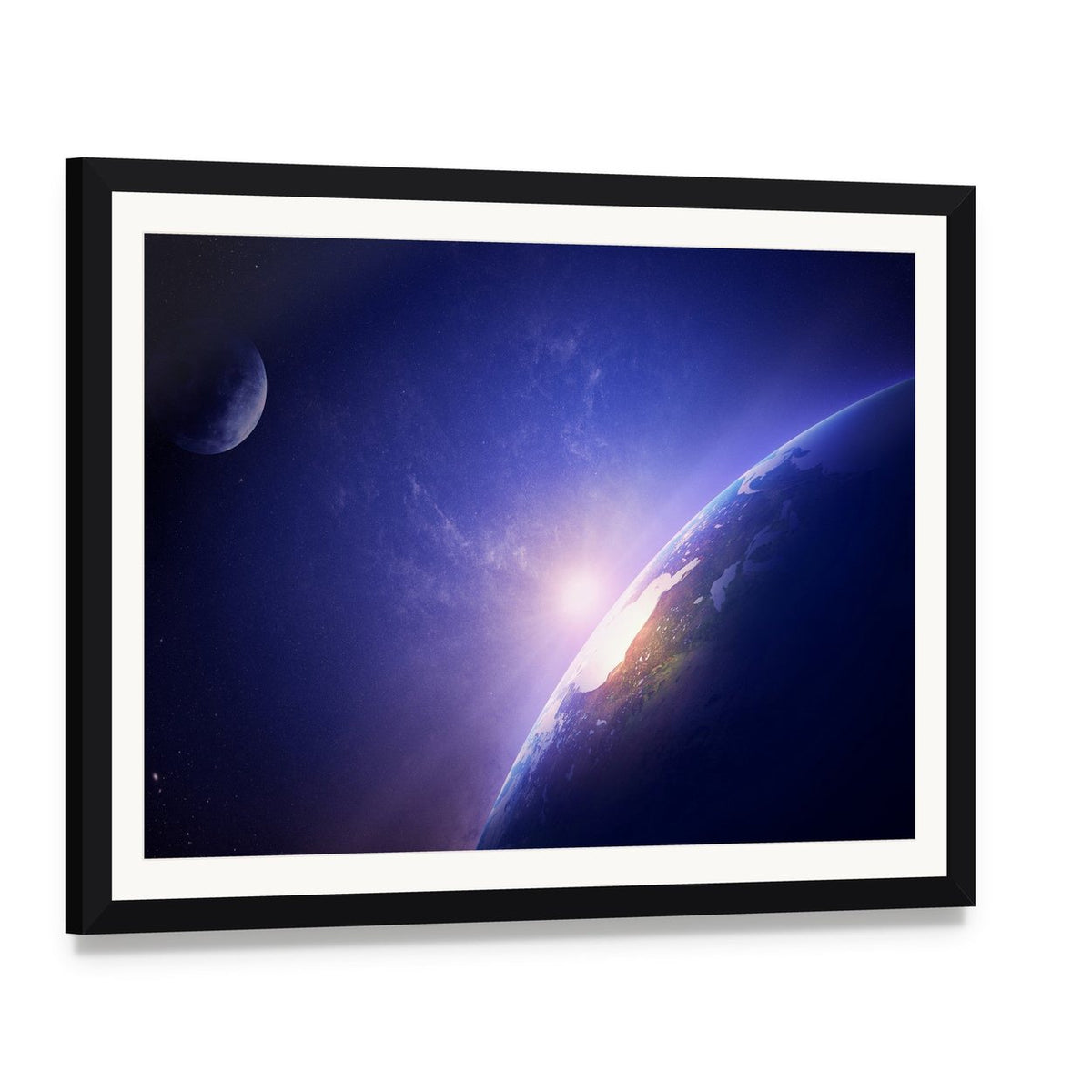 Morning on Planet Earth Canvas Wall Art, framed print with white mat and black frame, angled product view