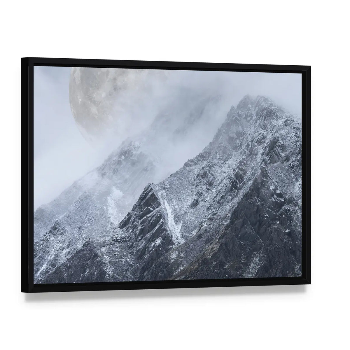 Supermoon Above Mountain Range Canvas Wall Art, framed canvas in a black floater frame, angled product view