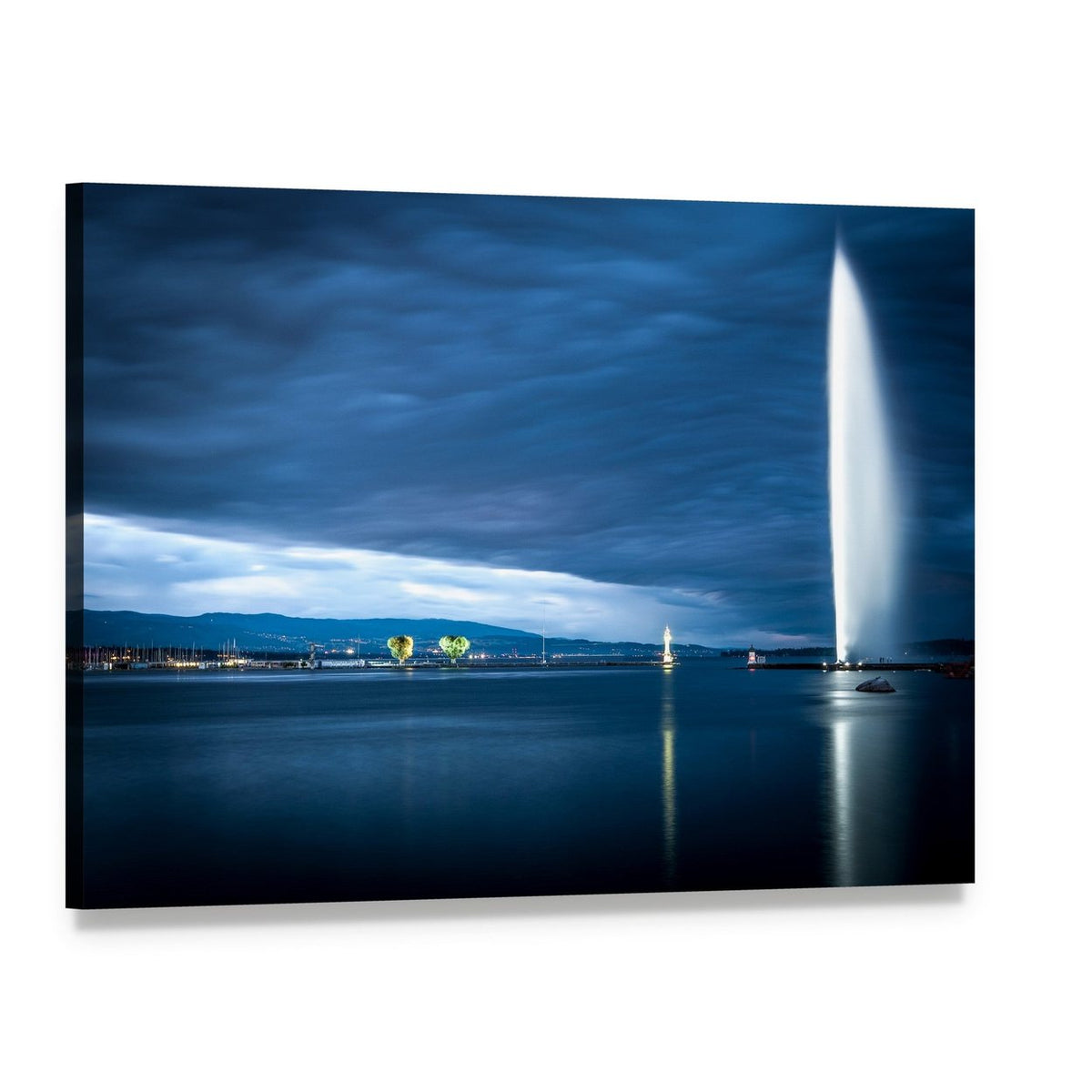 Jet D'eau Over Geneva Lake Canvas Wall Art, single panel gallery wrapped canvas, angled product view