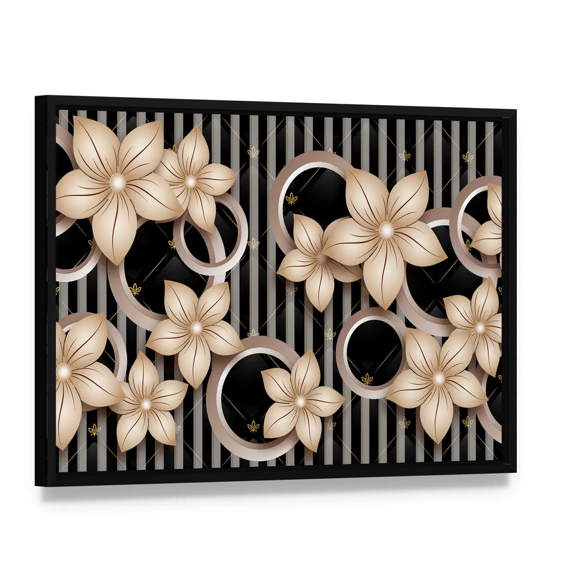 Modern Abstract Floral with Gold Accents Canvas Wall Art, framed canvas in a black floater frame, angled product view