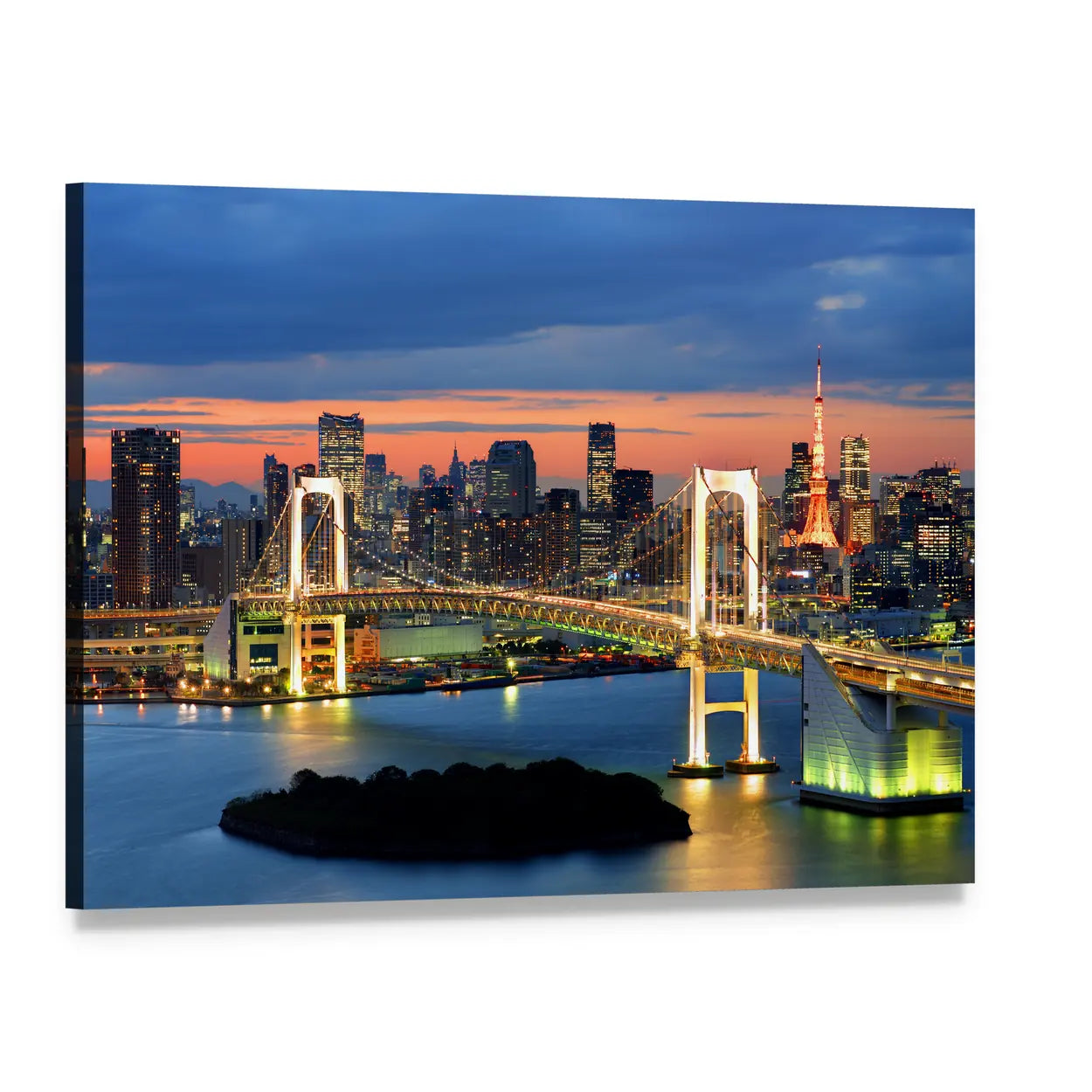 Rainbow Bridge and Tokyo Tower at Night Canvas Wall Art, single panel gallery wrapped canvas, angled product view