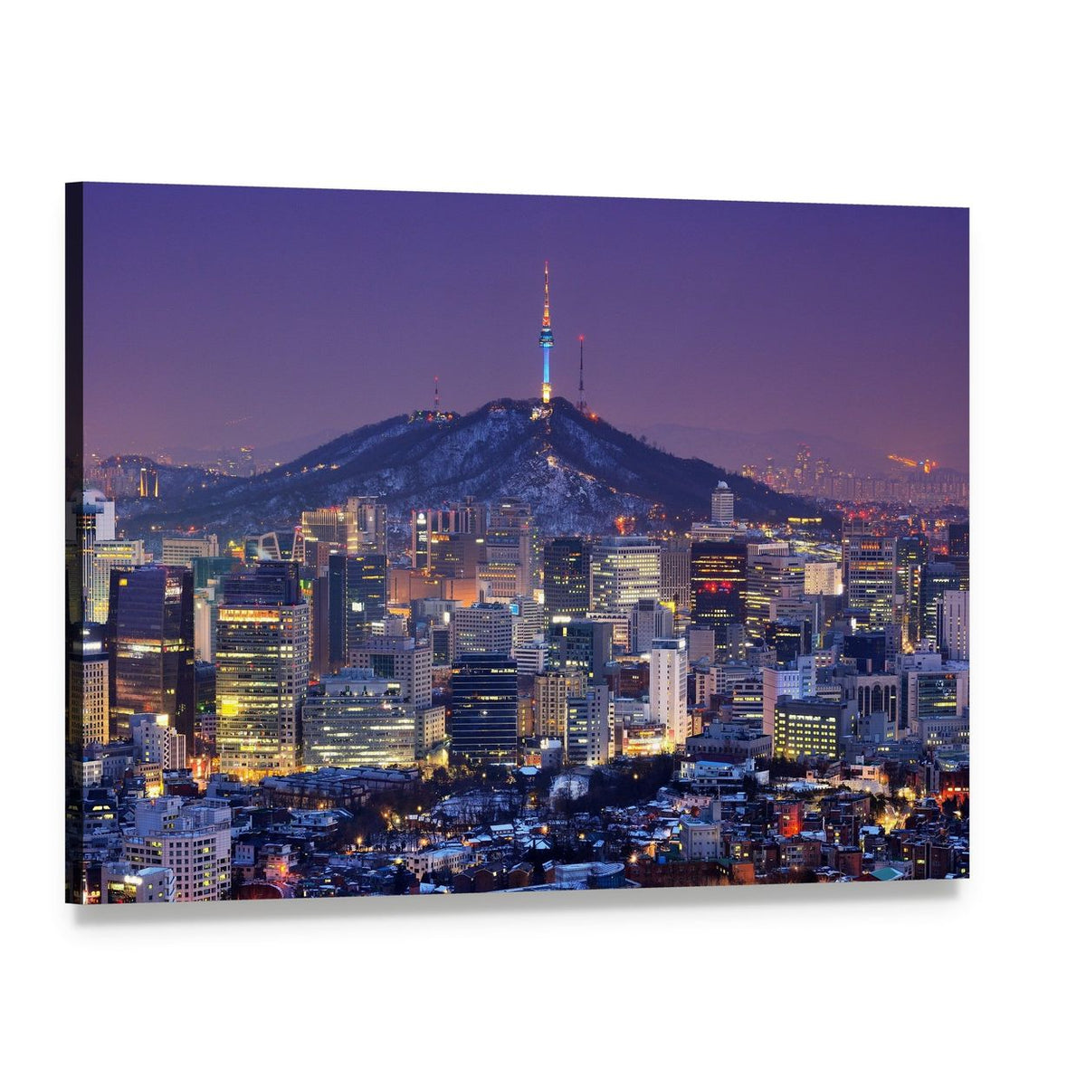 Illuminated Seoul Skyline at Night Canvas Wall Art, single panel gallery wrapped canvas, angled product view