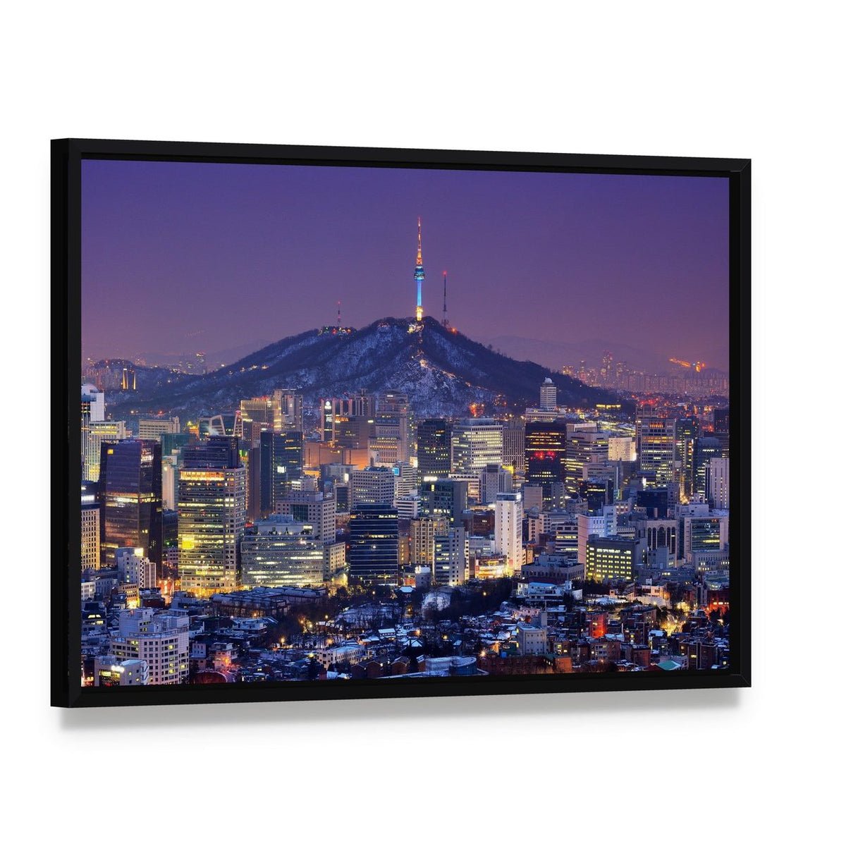 Illuminated Seoul Skyline at Night Canvas Wall Art, framed canvas in a black floater frame, angled product view
