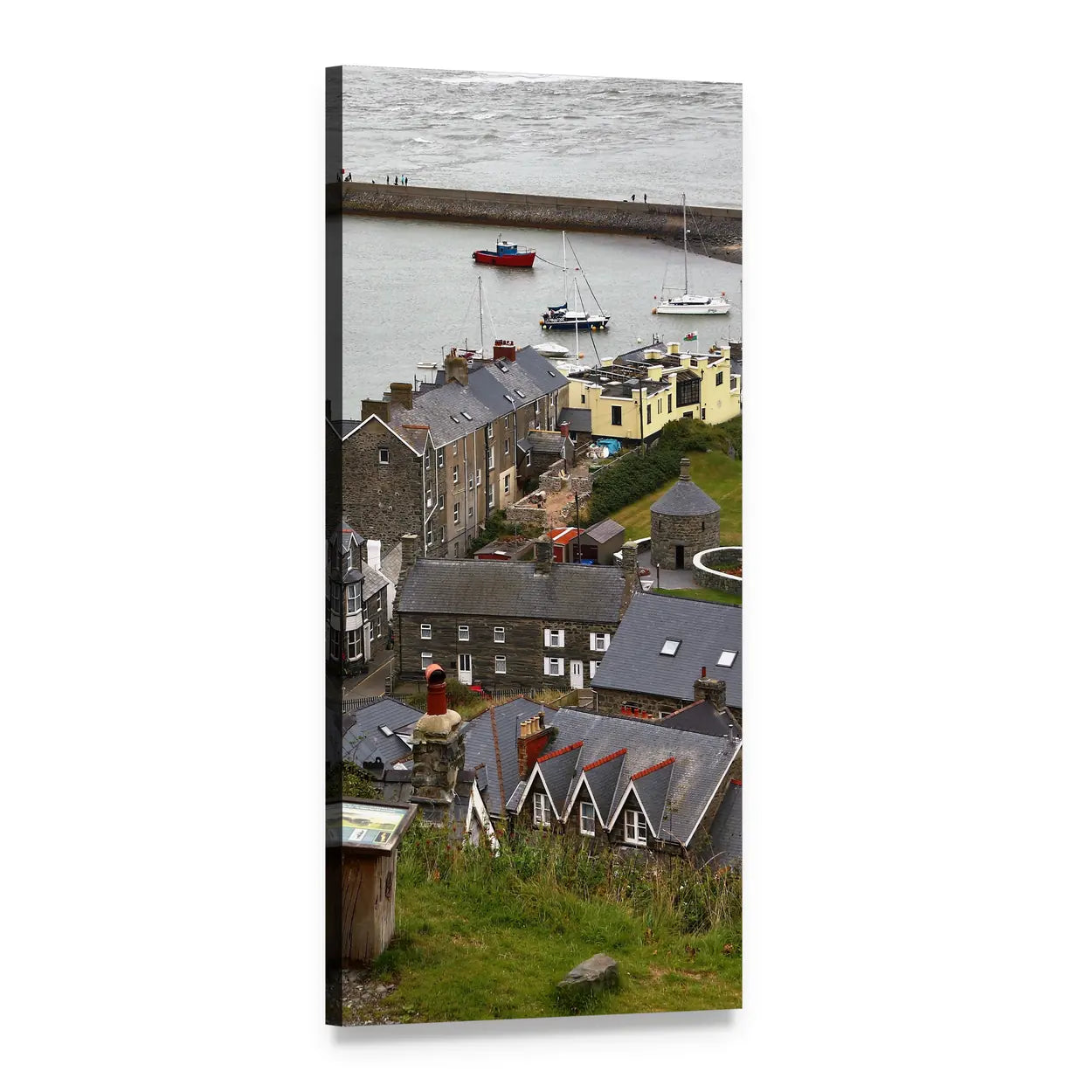 Historic Coastal Harbor with Red Boat Vertical Canvas Wall Art, 1 panel 1 Vertical layout gallery wrapped canvas set, angled product view