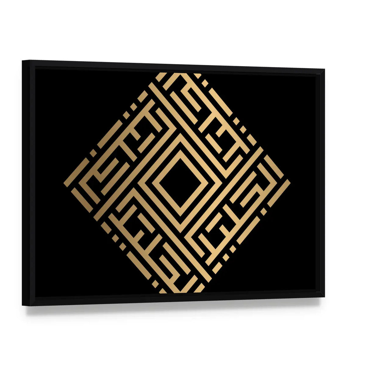 Al-jaliil Square Kufic Calligraphy Canvas Wall Art, framed canvas in a black floater frame, angled product view