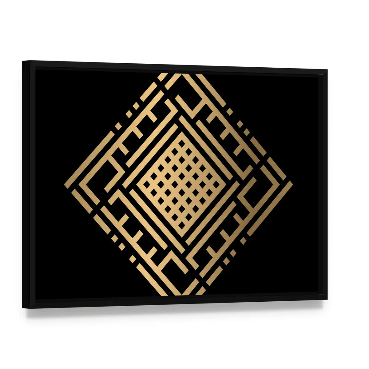 Al-kabiir Islamic Gold Calligraphy Canvas Wall Art, framed canvas in a black floater frame, angled product view