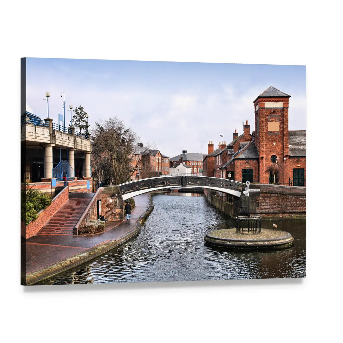 Red Brick Canal with Arched Bridge Canvas Wall Art, single panel gallery wrapped canvas, angled product view