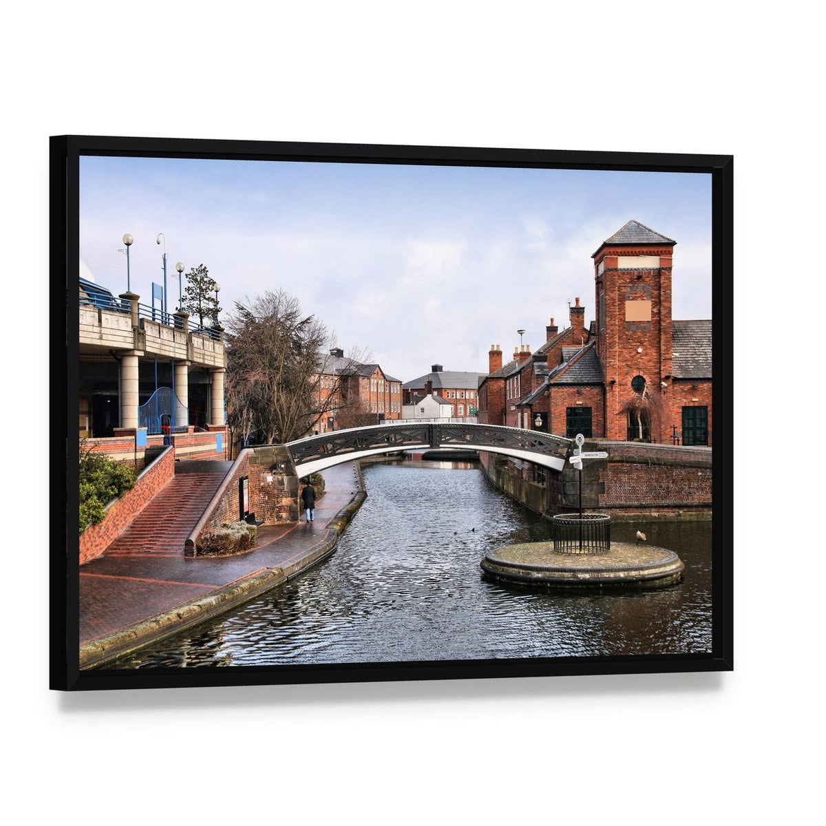 Arch Bridge Over Historic Canal Canvas Wall Art, framed canvas in a black floater frame, angled product view