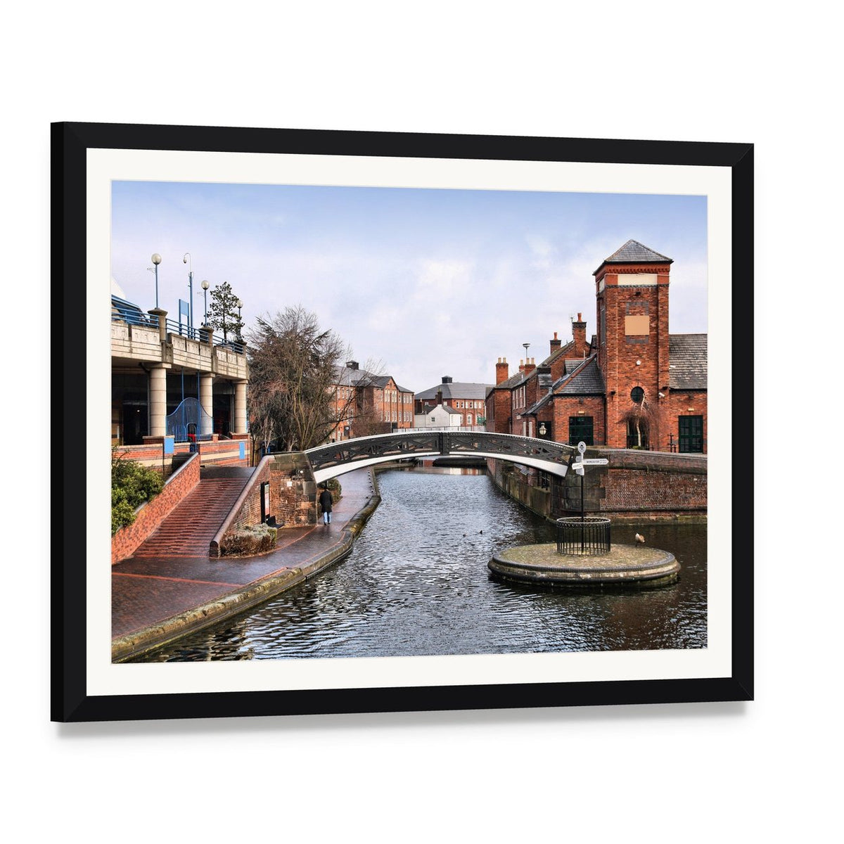 Arch Bridge Over Historic Canal Canvas Wall Art, framed print with white mat and black frame, angled product view