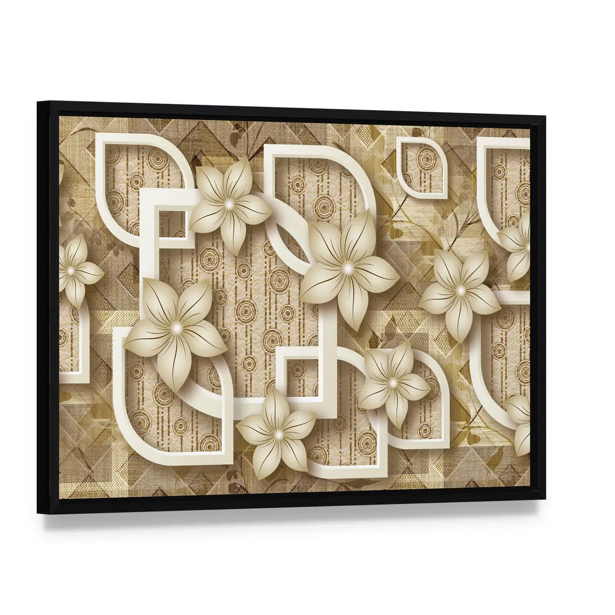 3d Floral Geometric Composition Canvas Wall Art, framed canvas in a black floater frame, angled product view