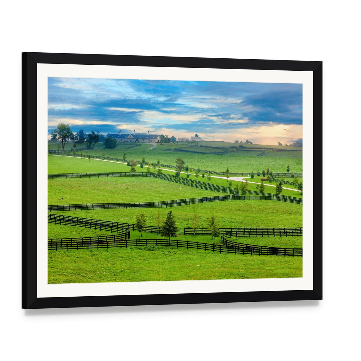 Horse Farm in Kentucky Canvas Wall Art, framed print with white mat and black frame, angled product view