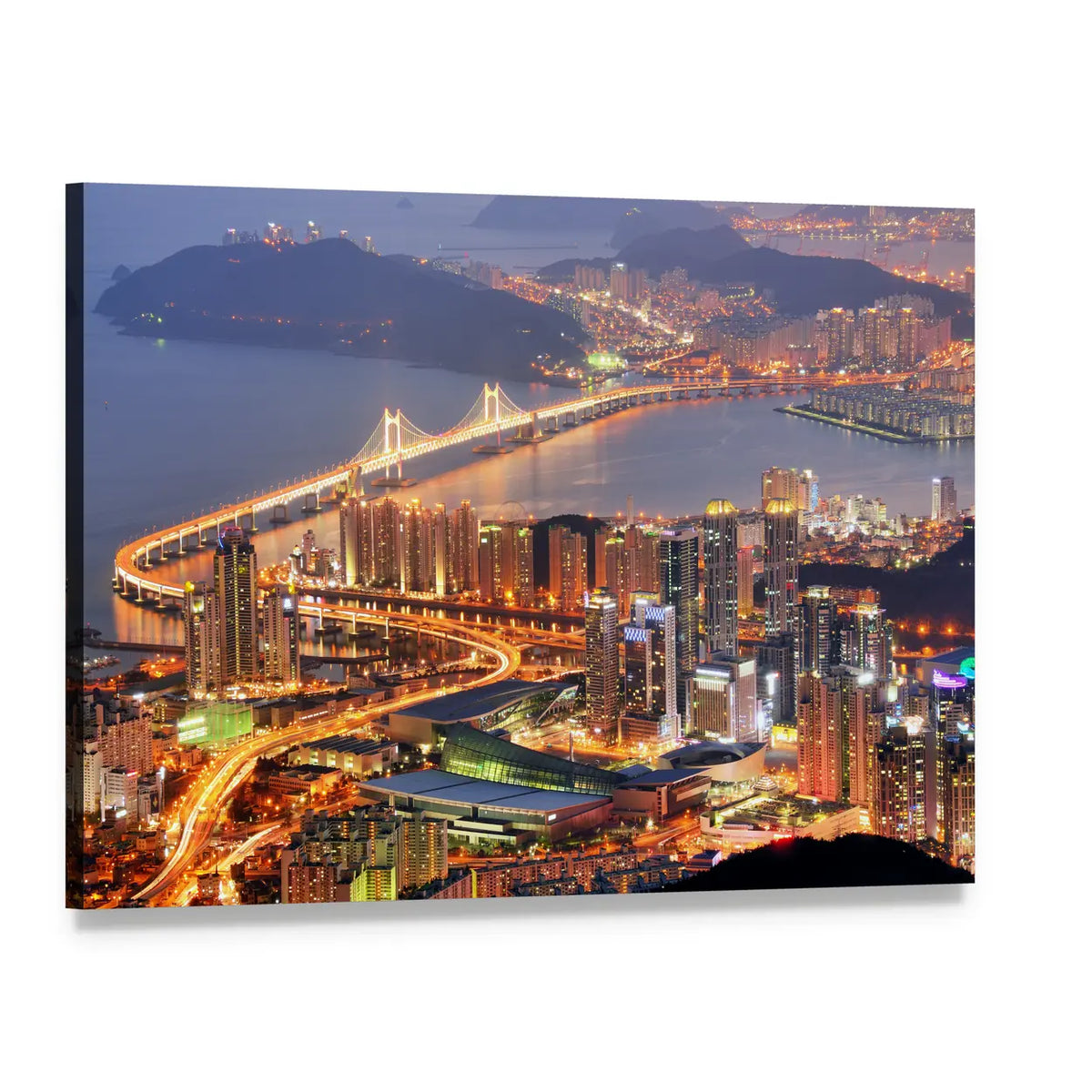 Busan Skyline at Night Canvas Wall Art, single panel gallery wrapped canvas, angled product view