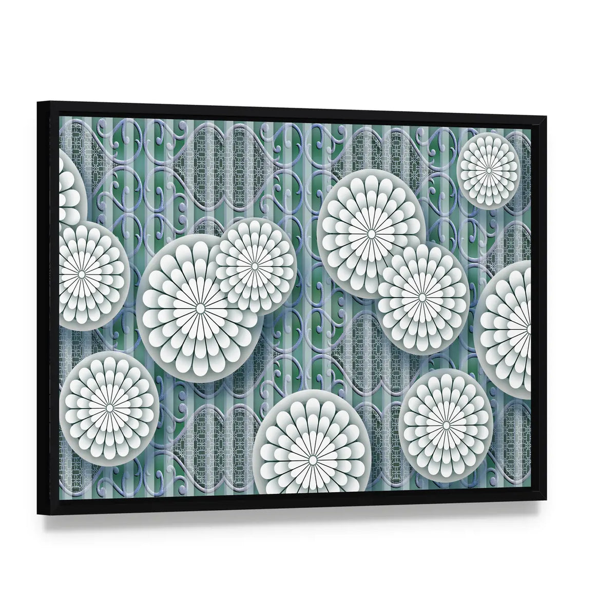 3d White Floral Mural Canvas Wall Art, framed canvas in a black floater frame, angled product view