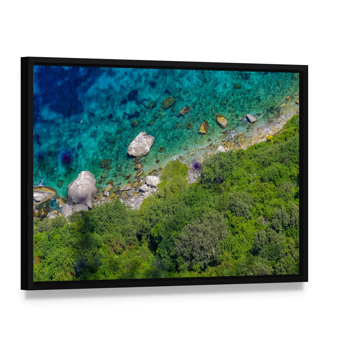 Coast Of Capri Island Canvas Wall Art, framed canvas in a black floater frame, angled product view