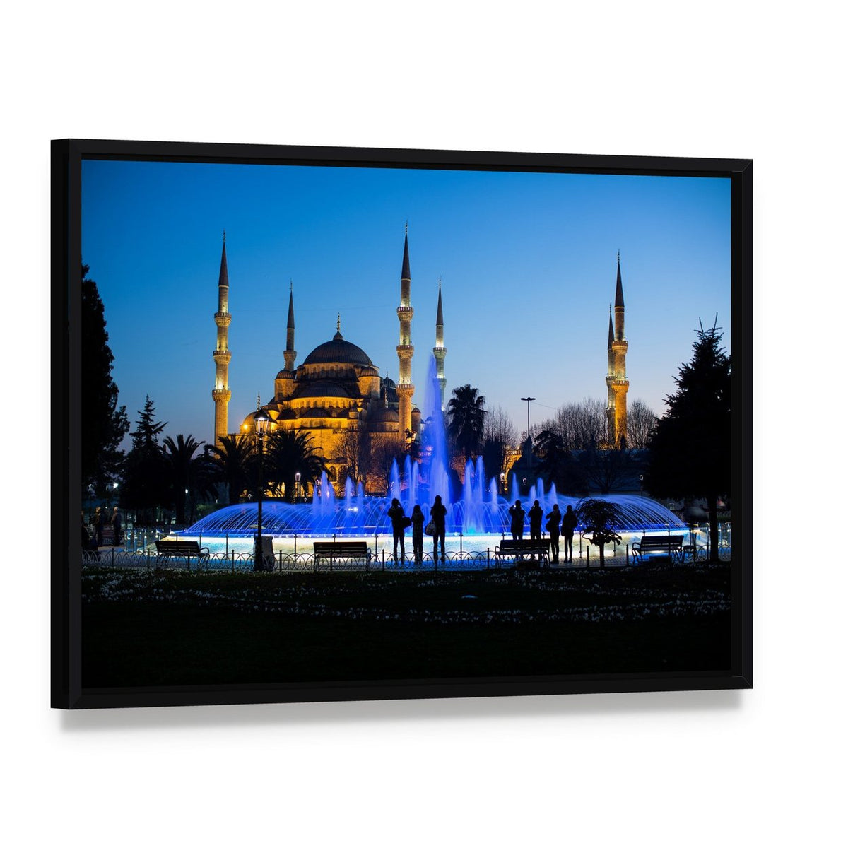 Blue Fountains at Blue Mosque Canvas Wall Art, framed canvas in a black floater frame, angled product view