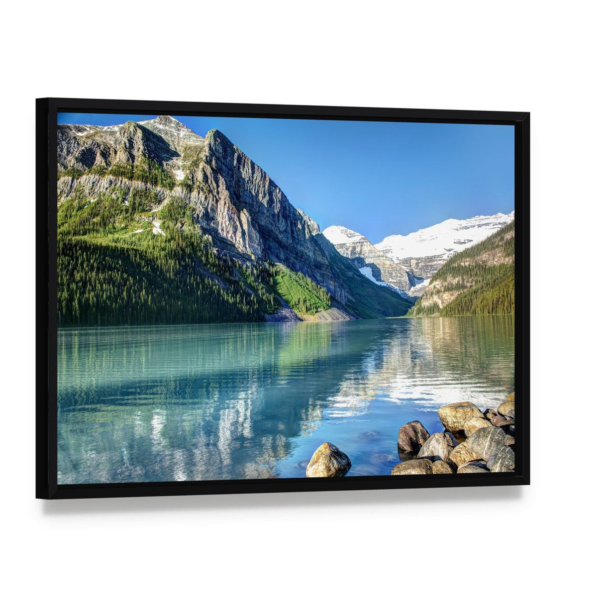 Lake Louise Mountain Reflections Canvas Wall Art, framed canvas in a black floater frame, angled product view