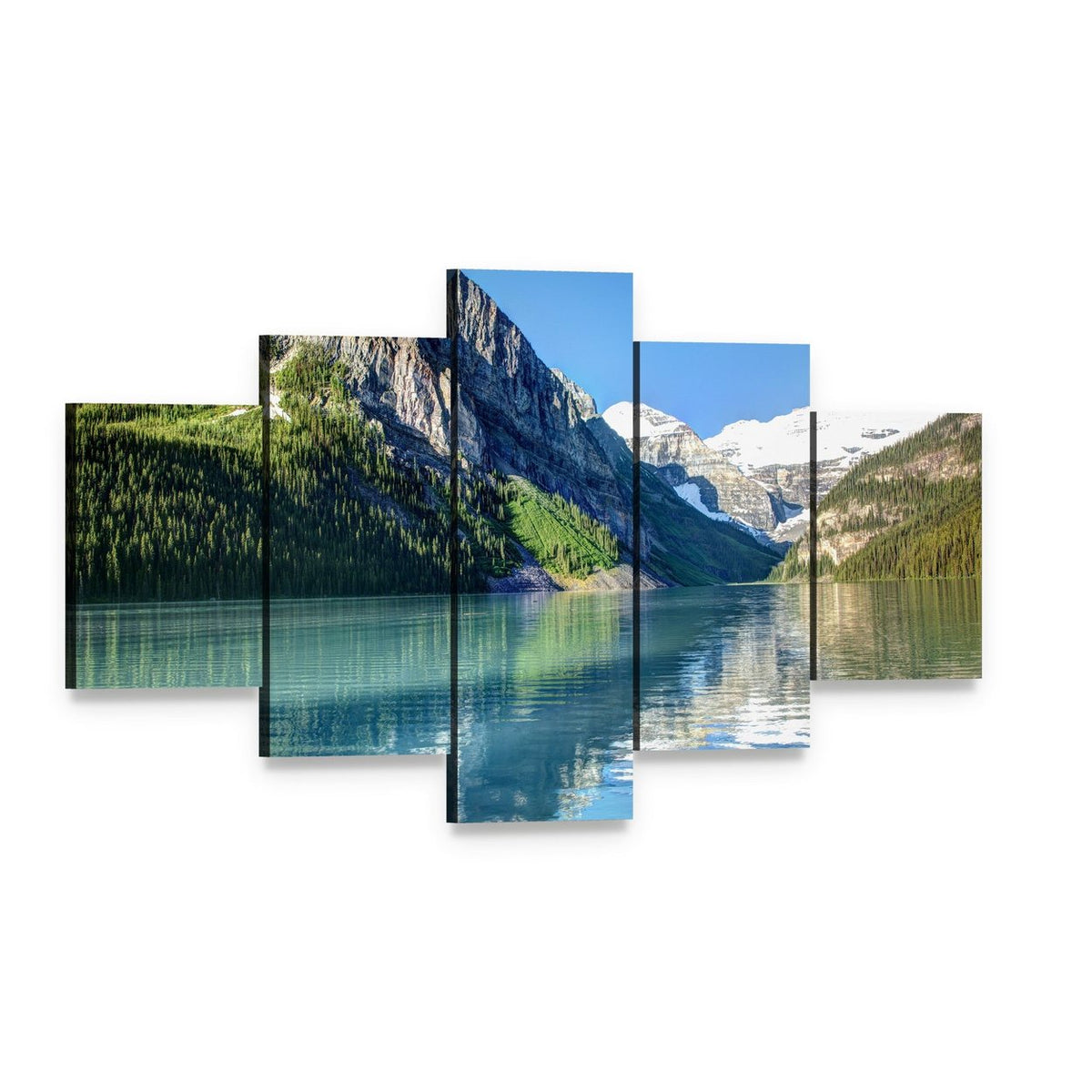 Lake Louise Mountain Reflections Canvas Wall Art, 5 panel 5 Star layout gallery wrapped canvas set, angled product view