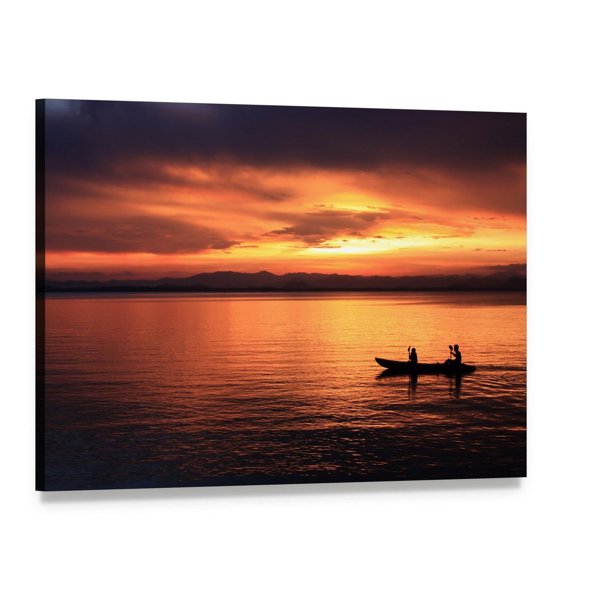Two People in a Canoe at Sunset Canvas Wall Art, single panel gallery wrapped canvas, angled product view