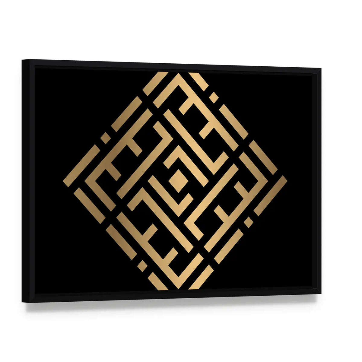 Al-barru Square Kufic Calligraphy Canvas Wall Art, framed canvas in a black floater frame, angled product view