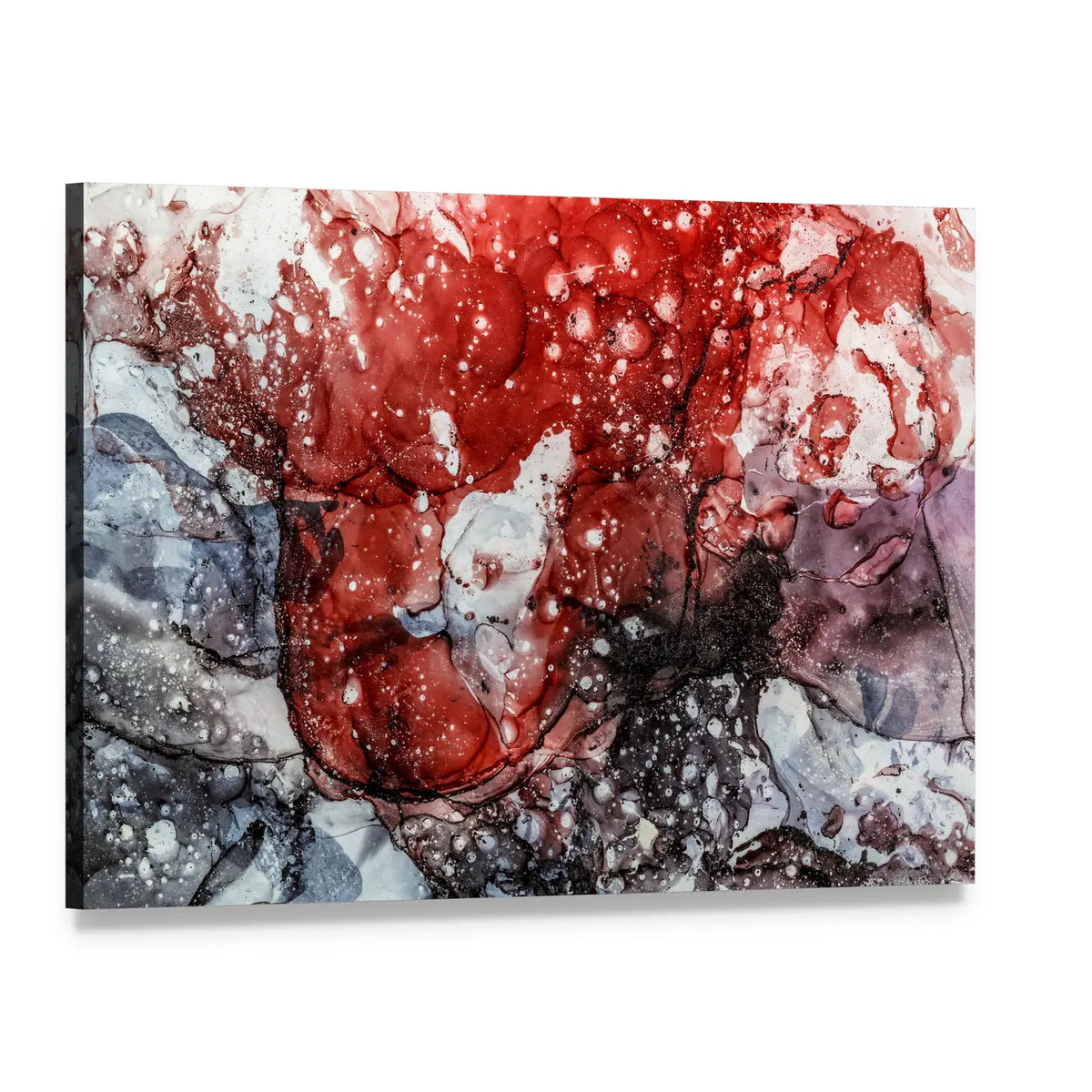 Textured Red Fluid Abstract Canvas Wall Art, single panel gallery wrapped canvas, angled product view