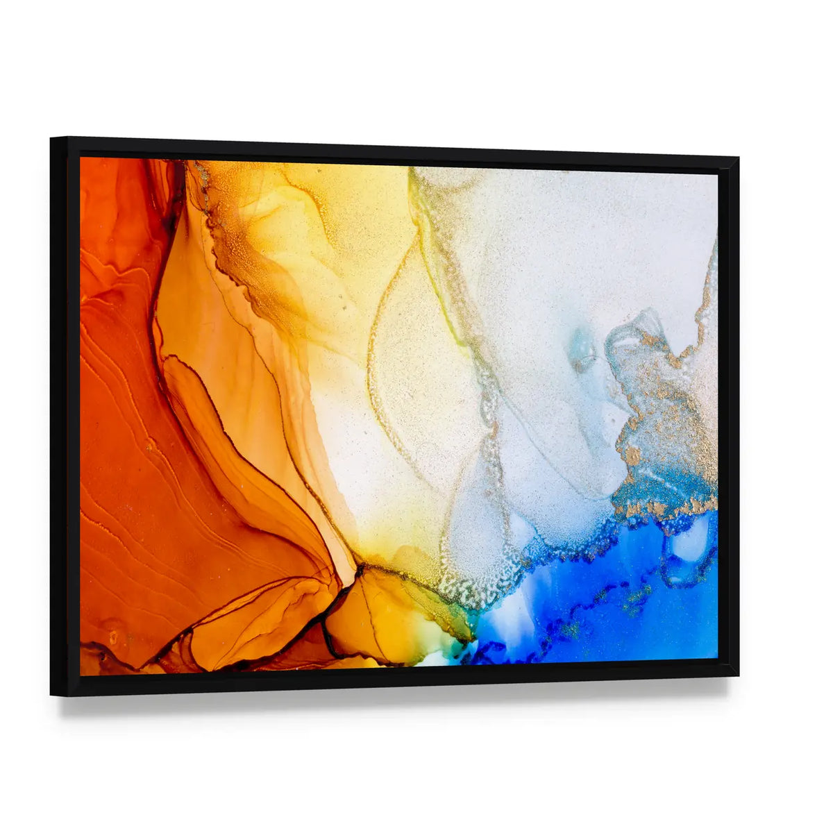 Coral Reef Beach Abstract Canvas Wall Art, framed canvas in a black floater frame, angled product view