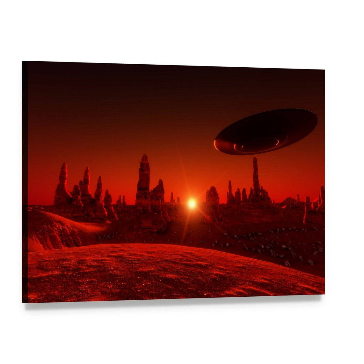 Mars Sunset with Ufo Canvas Wall Art, single panel gallery wrapped canvas, angled product view