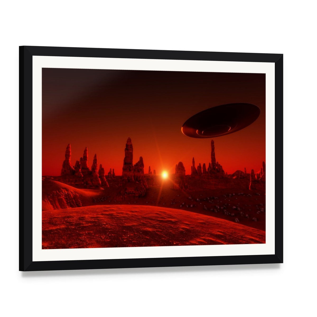 Mars Sunset with Ufo Canvas Wall Art, framed print with white mat and black frame, angled product view