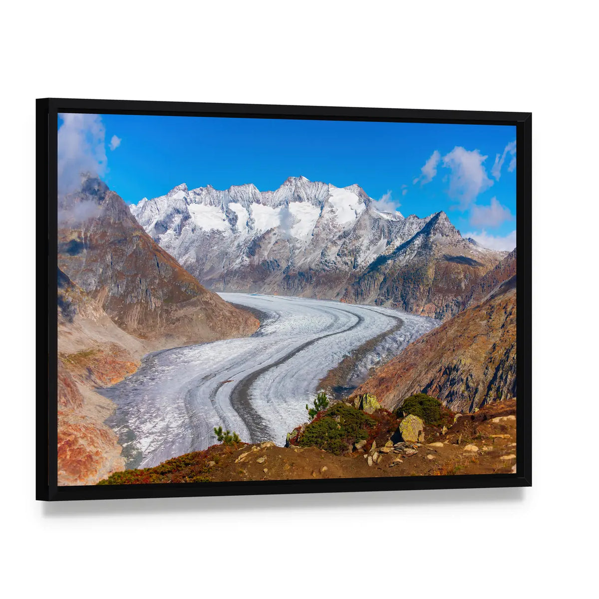 Great Aletsch Glacier, Swiss Alps Canvas Wall Art, framed canvas in a black floater frame, angled product view