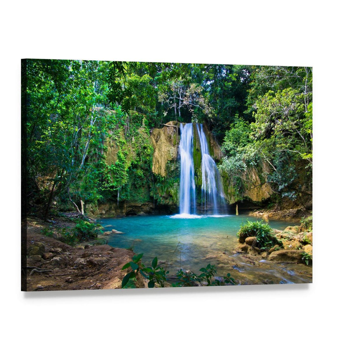 Cascading Waterfall in Lush Green Forest Canvas Wall Art, single panel gallery wrapped canvas, angled product view