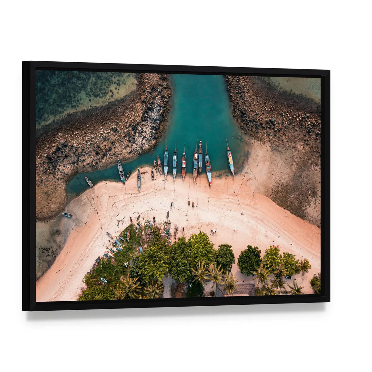 Aerial View Of Fisherman Village In The Island Of Koh Samui, Thailand Canvas Wall Art, framed canvas in a black floater frame, angled product view