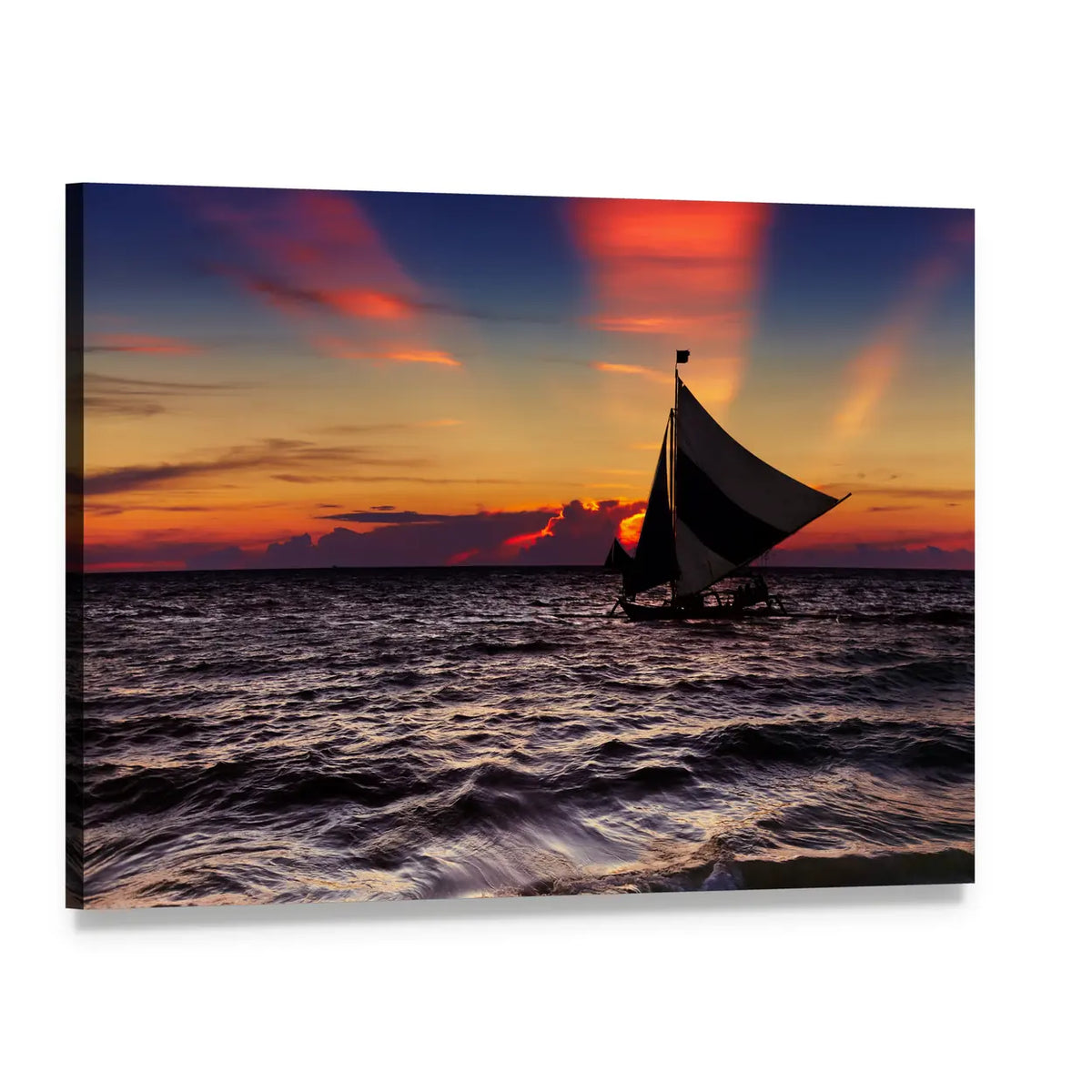 Sailboat at Tropical Sunset Canvas Wall Art, single panel gallery wrapped canvas, angled product view