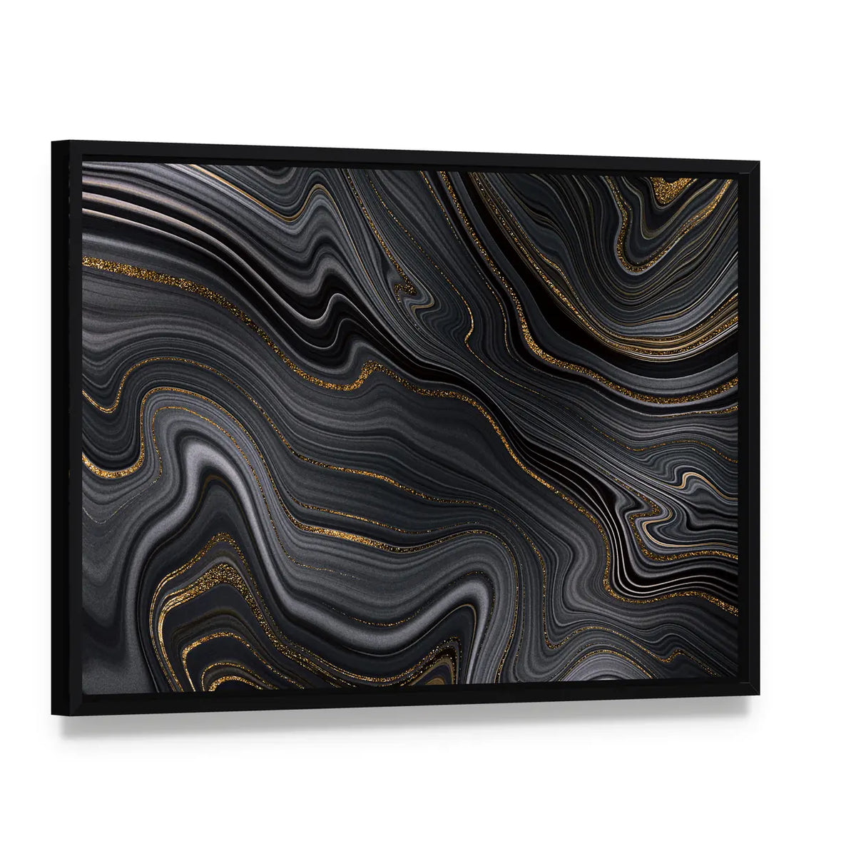 Golden Veins Texture Canvas Wall Art, framed canvas in a black floater frame, angled product view
